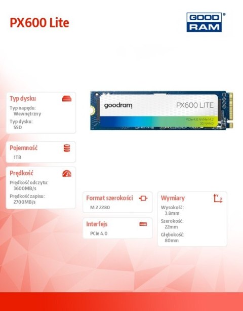 GOODRAM Dysk SSD PX600 Lite 1TB Gen4x4 NMVe 2280 3600/2700MB/s