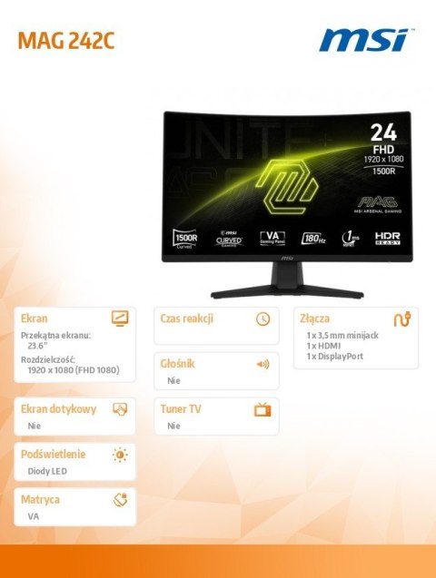 MSI Monitor MAG 242C 23.6 cala/LED/FHD/Curve/180Hz/Black