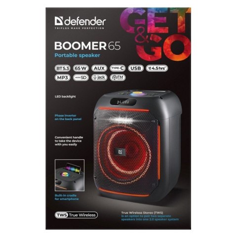 Defender Głośnik bluetooth BOOMER 65W czarny podświetlenie LED