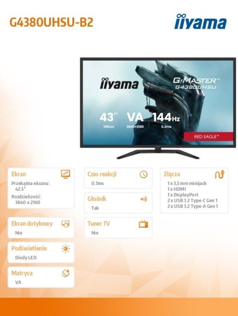 IIYAMA Monitor G-Master 42.5 cala G4380UHSU-B2 4K,VA,2xHDMI,2xDP,0,3ms,144Hz,550cd, 4000:1, USB HUBx4, 2x7W,