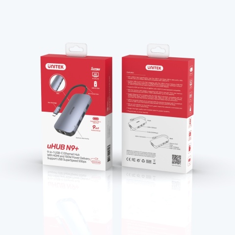 Unitek Hub N9+ USB-C HDMI 4K60 PD 100W 9w1 kompaktowy Gigabit czytnik kart