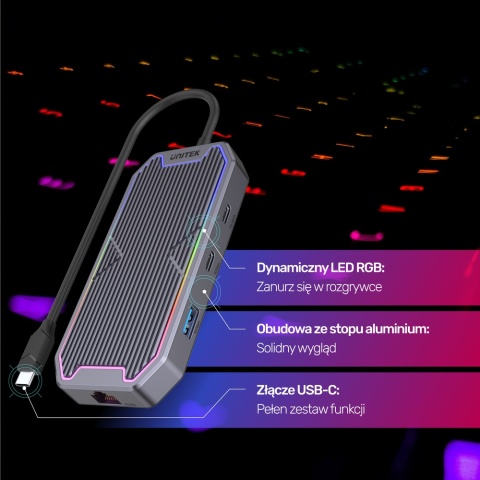 Unitek Hub USB-C 4K HDMI RJ45 100W 10Gbps gamingowy