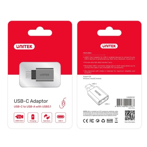 Unitek Y-A025CGY Adapter USB C do USB 3.1 5Gbps aluminiowy OTG