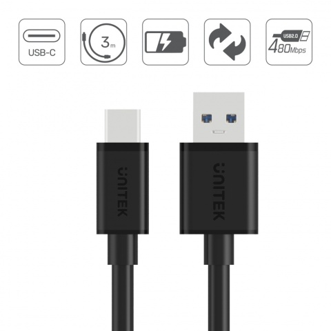 Unitek przewód USB A 2.0 USB C 3m szybkie ładowanie 15W transfer 480 Mbps