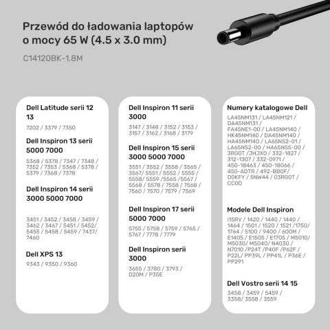 Kabel zasilający Unitek C14120BK 1.8m 65W USB C lekki do laptopa Dell DC4.5