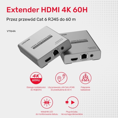 Unitek Ekstender HDMI V1164A 4K60 60m przez skrętkę Cat6 wydajny