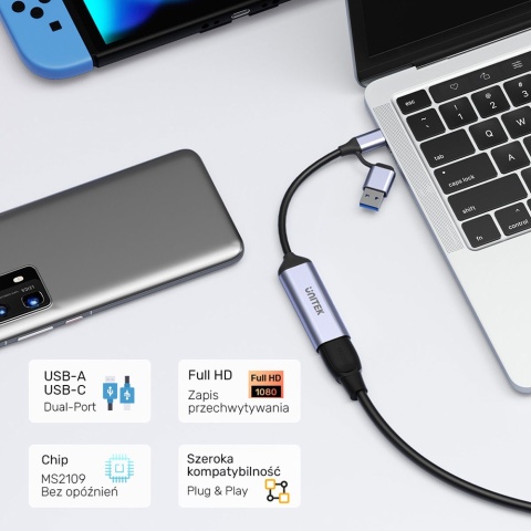 Unitek Grabber V1167A 4K HDMI na USB-C USB-A do streamingu wydajny