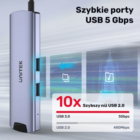 Unitek H1112F Hub USB C 5Gbps HDMI RJ45 PD 100W kompaktowy