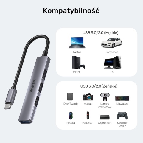 Unitek H1208B Hub USB C 4w1 1xUSB3 5Gbps 3xUSB2 alu kompaktowy