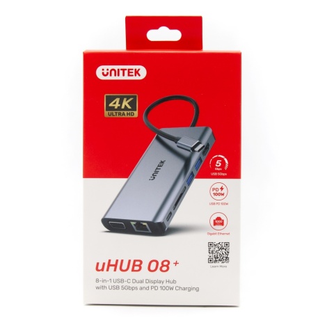 Unitek Hub D1019B USB-C 8w1 100W Power Delivery kompaktowy HDMI Ethernet
