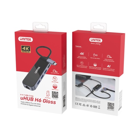 Unitek Hub USB C D1084A 3xUSB A HDMI 4K RJ45 PD100W aluminiowy
