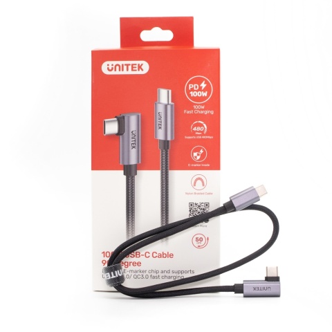 Unitek Kabel USB-C kątowy 90° 0.5m PD 100W nieplączący