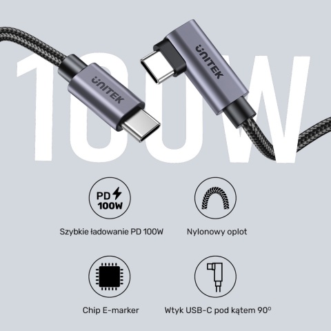 Unitek Kabel USB-C kątowy 90° 0.5m PD 100W nieplączący