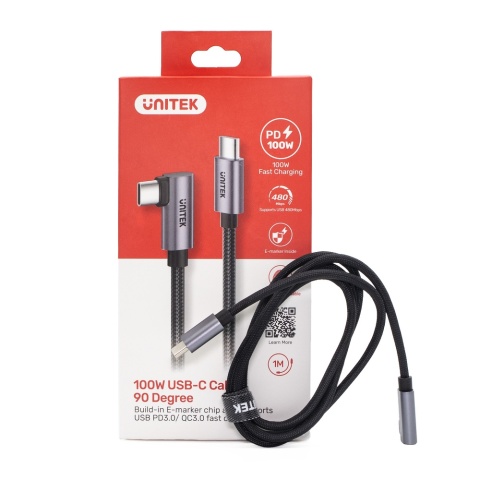 Unitek Kabel USB-C kątowy 90° 1m PD 100W nieplączący nylonowy