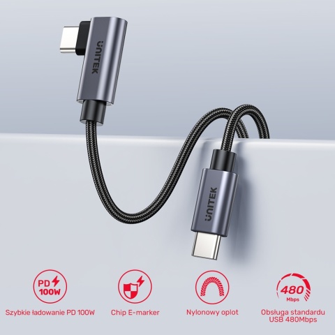 Unitek Kabel USB-C kątowy 90° 1m PD 100W nieplączący nylonowy
