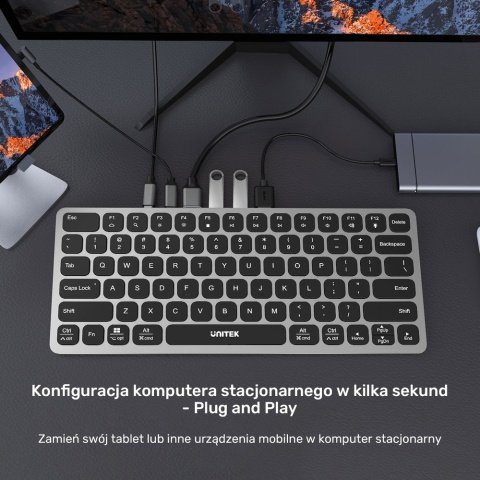 Unitek Klawiatura 9w1 hub USB HDMI 4K PD 100W ergonomiczna