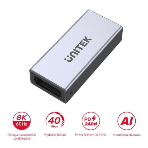 Unitek Łącznik USB-C A1036GY 8K 40Gbps 240W kompaktowy lekki adapter USB-C