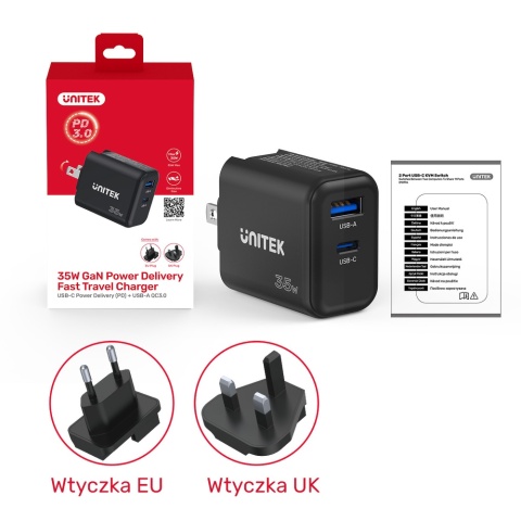 Unitek P1119A ładowarka GaN 35W USB-C USB-A kompaktowa podróżna
