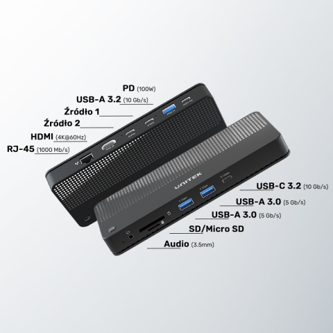 Unitek Przełącznik KVM D1077A Hub 4K HDMI USB C 100W 11 portów kompaktowy