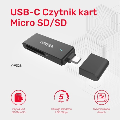 Unitek Y-9328 Czytnik kart SD microSD USB C szybki kompaktowy