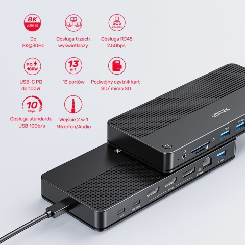 Stacja dokująca Unitek D1104A 13w1 MST HDMI 8K DP PD 100W USB hub RJ45