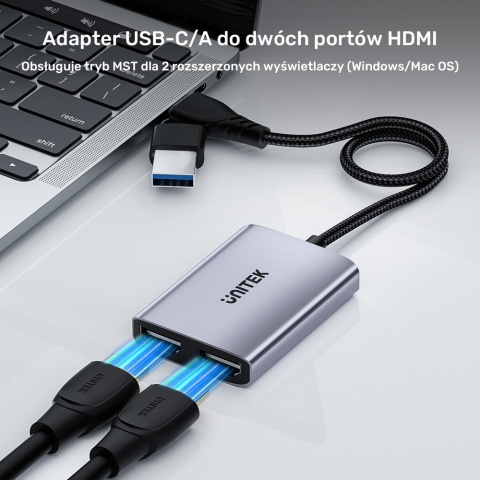 Unitek Adapter USB C A 2x HDMI Full HD MST kompaktowy multimonitor lekki