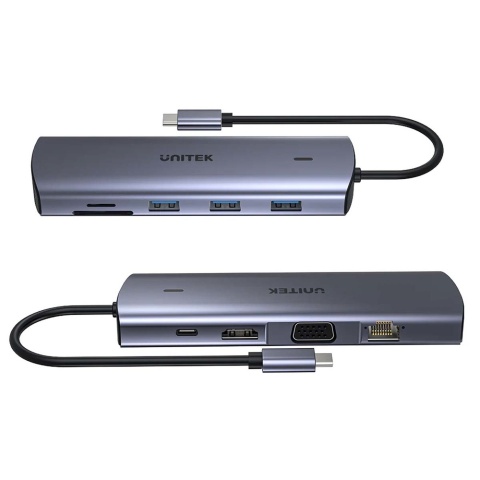 Unitek Hub D1113A 9w1 USB C HDMI VGA Gigabit Ethernet PD 100W kompaktowy