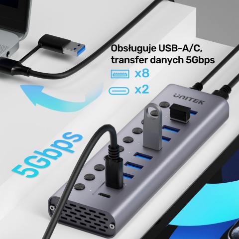 Unitek Hub H1315 USB C USB A 10w1 5Gbps wydajny z przełącznikami portów
