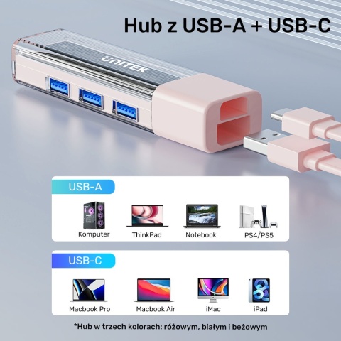 Unitek Hub H1319A dwukierunkowy USB-C USB-A 4x USB-A 5Gbps biały