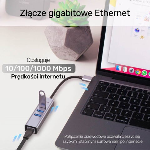 Unitek Hub USB C Y-3088B 4w1 Gigabit Ethernet 3x USB 5Gbps kompaktowy