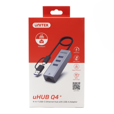 Unitek Hub USB C Y-3088B 4w1 Gigabit Ethernet 3x USB 5Gbps kompaktowy