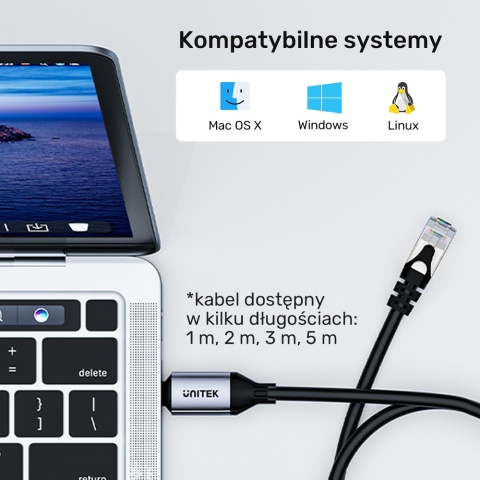Unitek Kabel Ethernet USB-C RJ-45 1m szybki stabilny LAN
