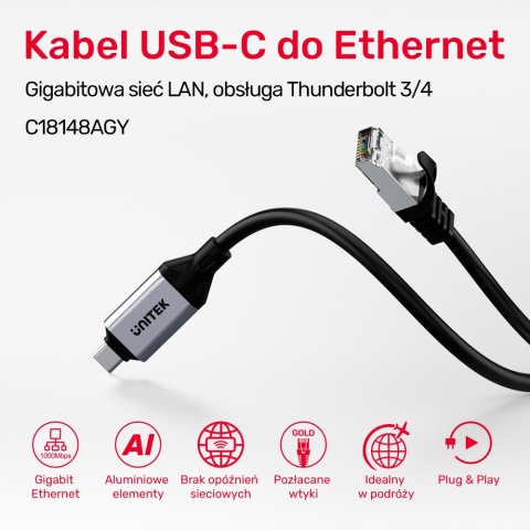 Unitek Kabel Ethernet USB C RJ 45 3m szybki adapter LAN 5 Gbps