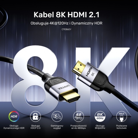 Unitek Kabel HDMI 2.1 8K 60Hz 1m czarny wydajny do gier