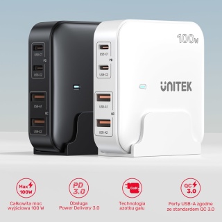 Unitek Ładowarka biurkowa GaN 100W szybka 2xUSB C 2xUSB A do laptopa