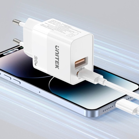 Unitek Ładowarka sieciowa 20W USB C USB A QC PD kompaktowa biała