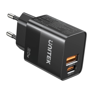 Unitek Ładowarka sieciowa 20W USB-C USB-A QC3 szybka kompaktowa czarna