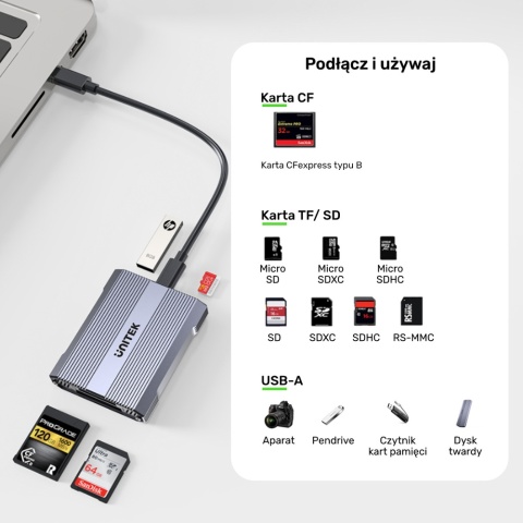 Unitek R1022C01 Czytnik kart CF Express SD microSD USB A 10 Gbps HUB