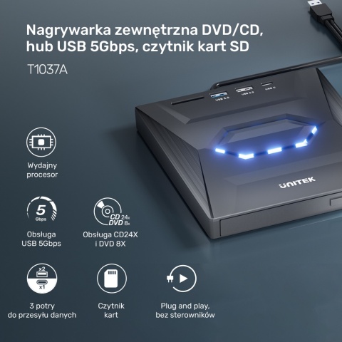 Unitek T1037A01 Nagrywarka zewnętrzna DVD CD hub USB 5Gbps czytnik SD