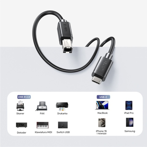 Unitek kabel USB C na USB B 2.0 2m czarny solidny do drukarki