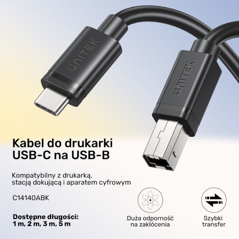 Unitek kabel do drukarki USB C na USB B 2.0 5m czarny wytrzymały