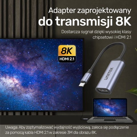 Unitek Adapter USB C na HDMI 2.1 8K 60Hz szary aluminium 15cm lekki
