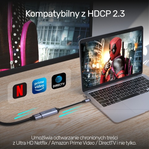Unitek Adapter USB C na HDMI 2.1 8K 60Hz szary aluminium 15cm lekki