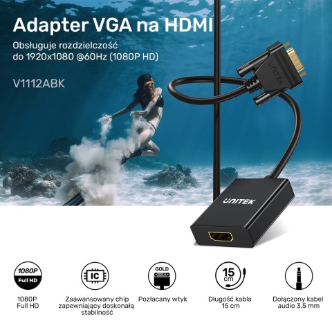 Unitek Adapter VGA na HDMI 15cm Full HD czarny kompaktowy