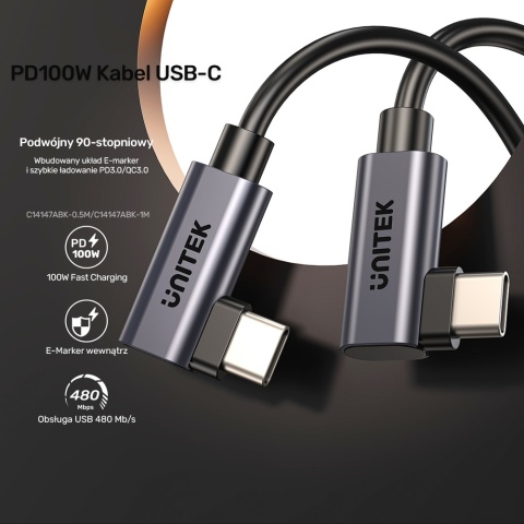 Unitek C14147ABK01-1M kabel USB-C 100W PD 90° kątowy 1m szybki transfer