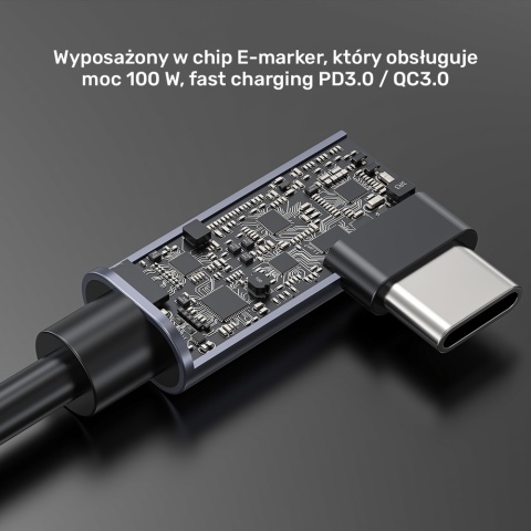 Unitek C14147ABK01-1M kabel USB-C 100W PD 90° kątowy 1m szybki transfer