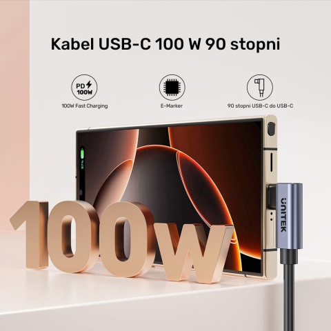 Unitek C14147ABK01-1M kabel USB-C 100W PD 90° kątowy 1m szybki transfer