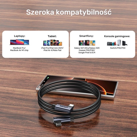 Unitek C14147ABK01 kabel USB-C PD 100W 90 stopni 0,5m wytrzymały