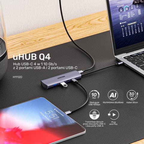 Unitek Hub 4w1 USB-C H1112D 10 Gbps 2x USB-A 2x USB-C kompaktowy