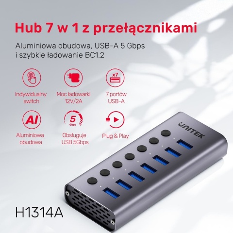 Unitek Hub H1314A USB A 3.0 7w1 szybki 5Gbps aluminiowy z przełącznikami